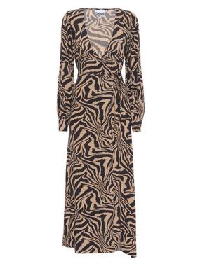 GANNI Crepe Midi Wrap Dress in Animal Print NWT Size 34 / US 2